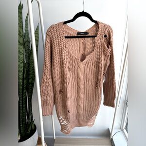 FOREVER 21  |  Distressed Muted Apricot Oversized V-Neck Knit Sweater
